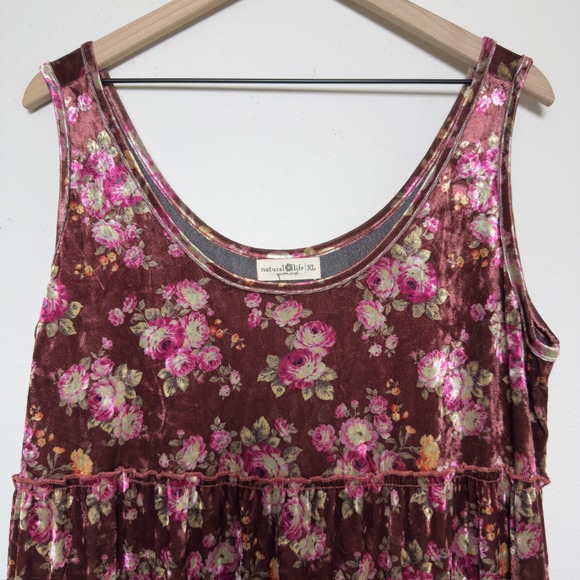 NEW Natural Life Women Velvet Floral Tiered Maxi Dress XL Burgundy Bohemian - Picture 3 of 12